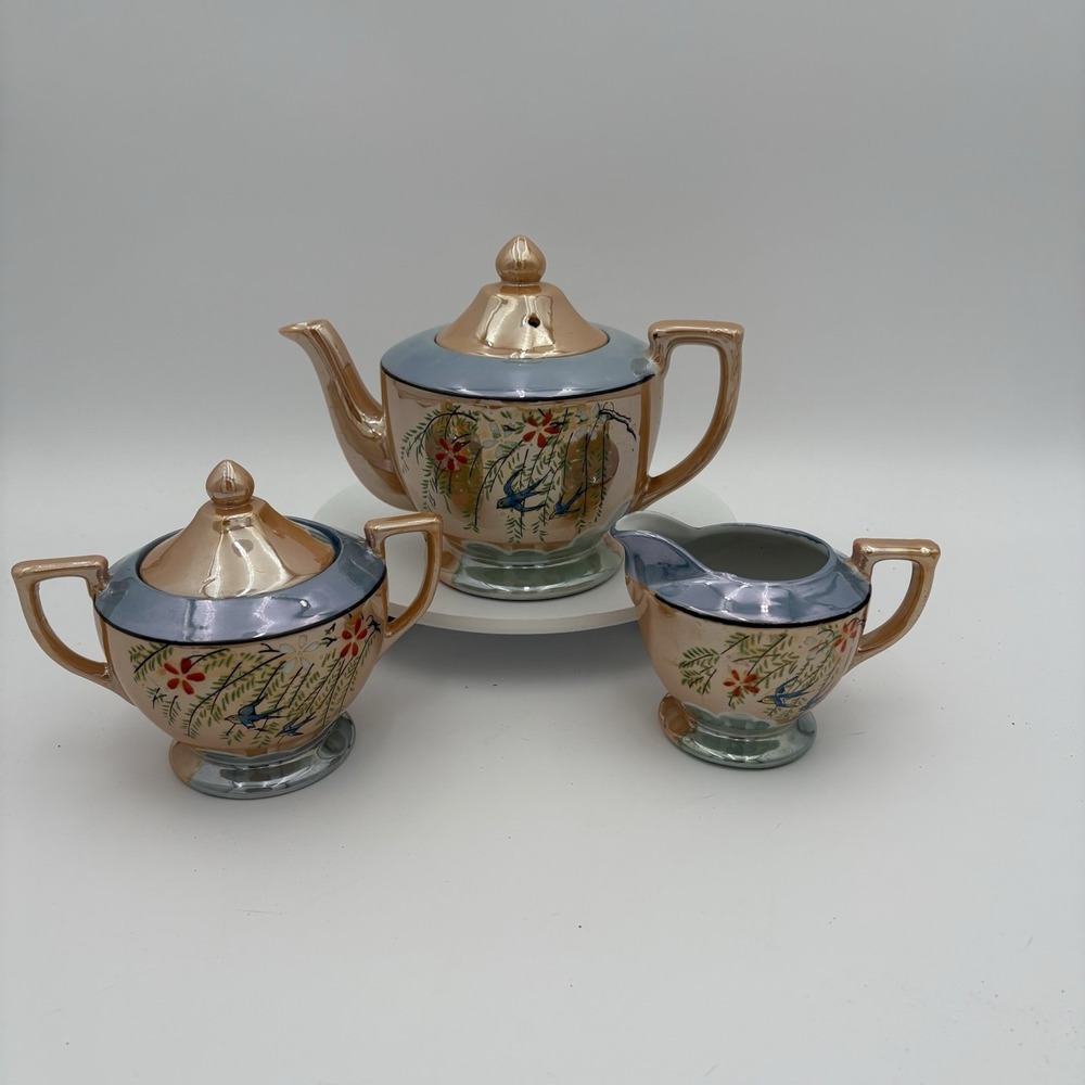 VTG Japanese Lusterware Porcelain Tea Set  Hand‎ Painted Creamer Sugar Bowl